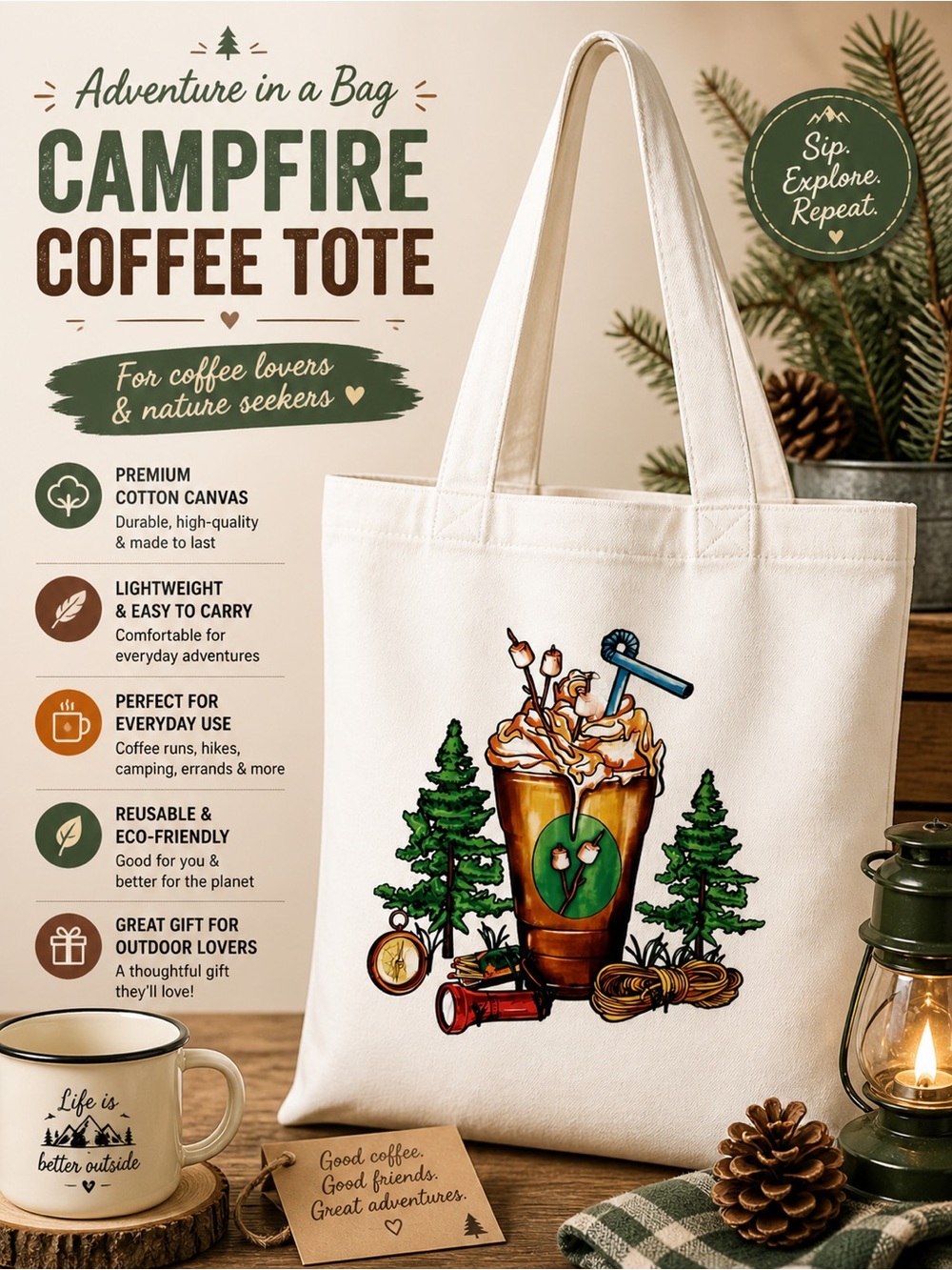 Handmade Canvas Tote Bag with Camping and Coffee Graphic - White
